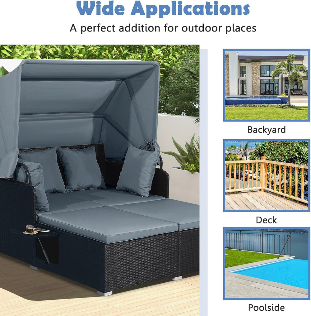Moccha Outdoor Daybed with Retractable Canopy, Wicker Cabana with 2 Side Tabl...