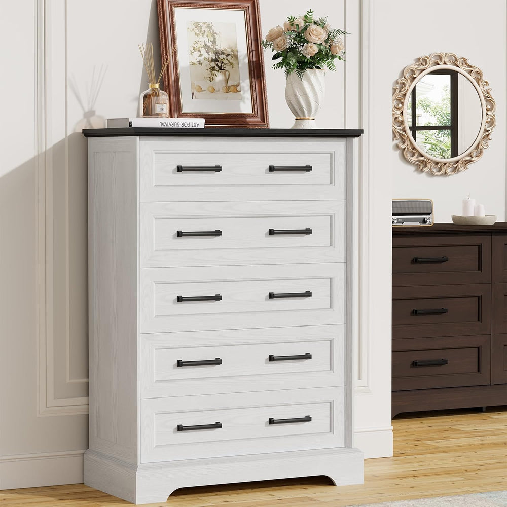 Furmax Farmhouse Dresser for Bedroom, 5 Drawers Dresser, White & Black