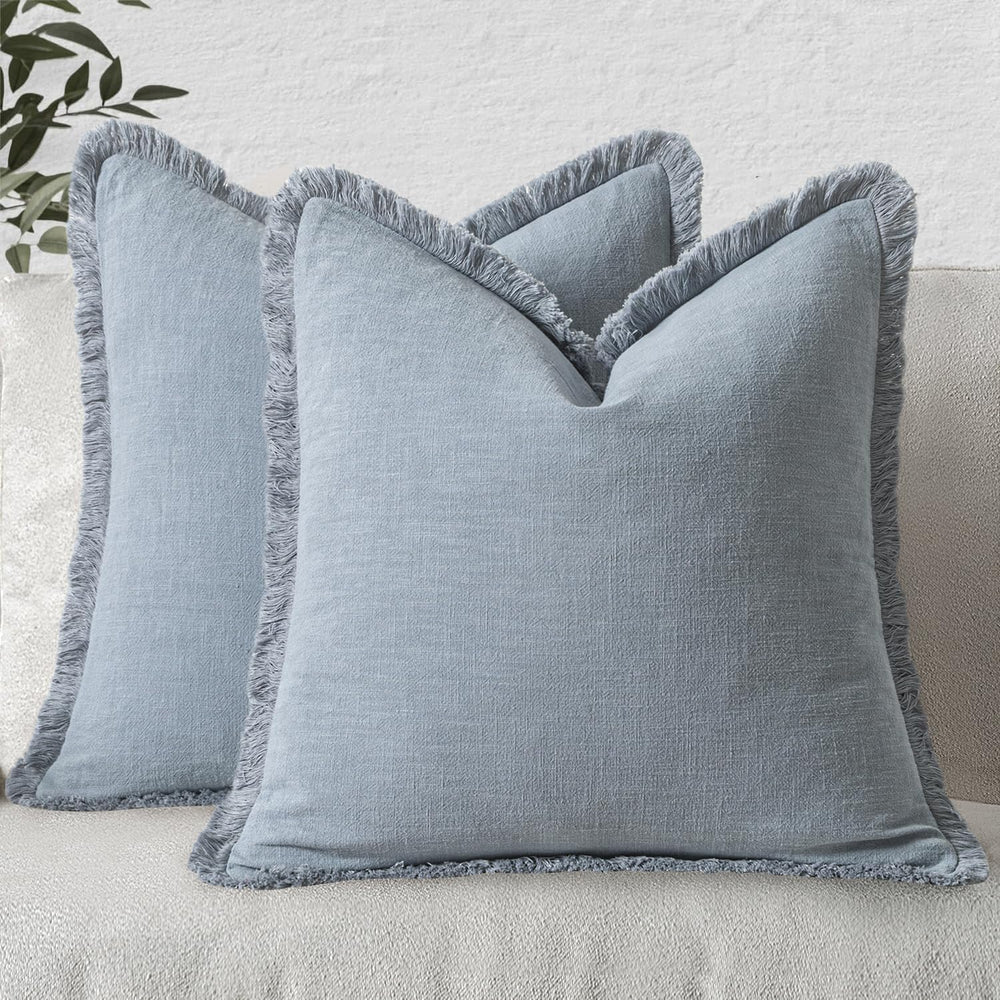 MIULEE Boho Linen Fringe Decorative Throw Pillow Covers Light Blue 20x20