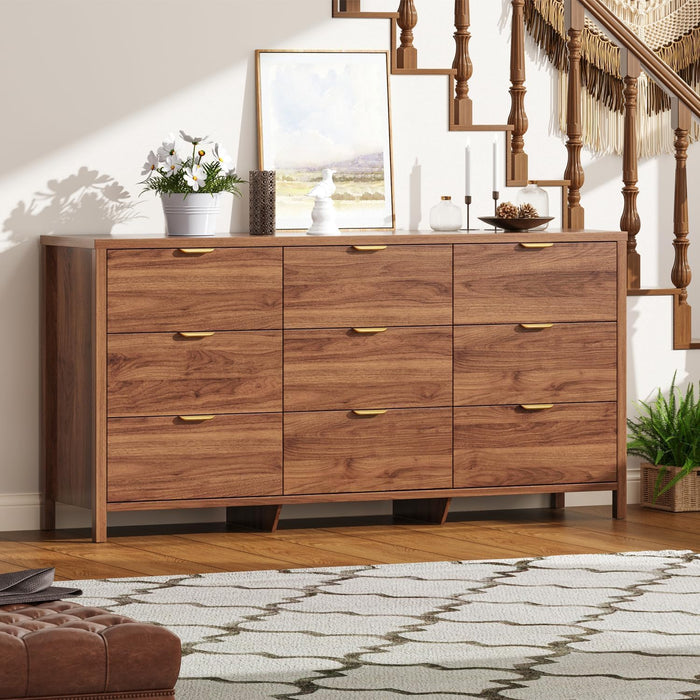 Ieejdn Fluted Dresser for Bedroom with 9 Drawers, 63" Modern Chest of Drawers, Dresser TV Stand, Wood Drawer Organizer for Living Room, Hallway, Tan