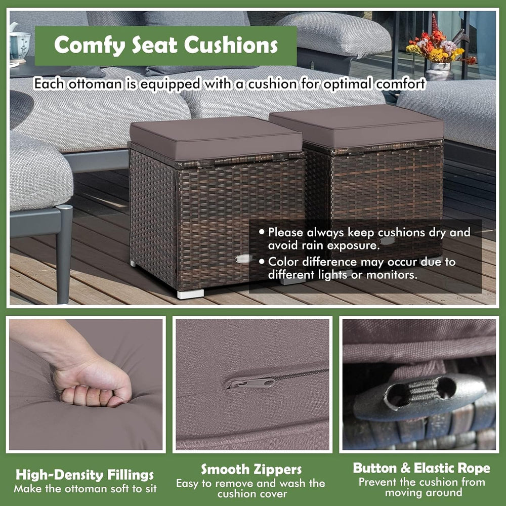 HAPPYGRILL 2PCS Patio Ottoman Set Outdoor Wicker Stool with Storage, Rattan F...