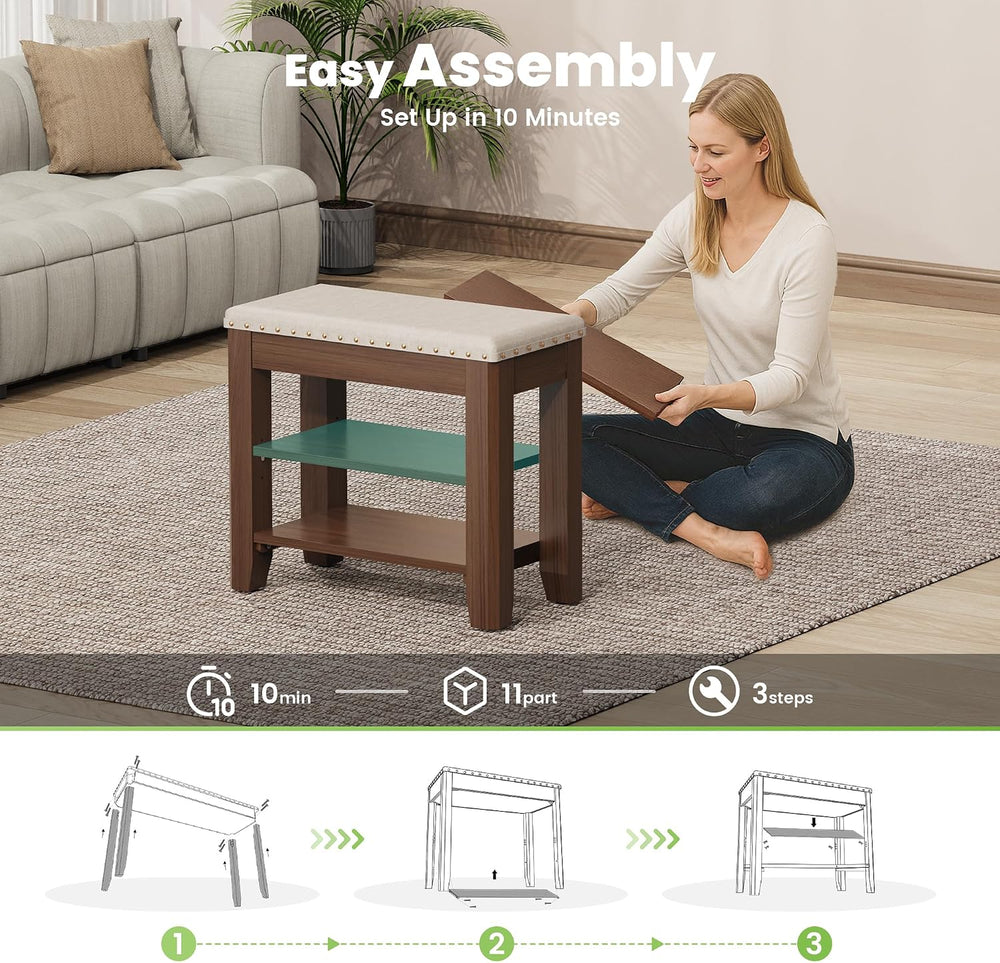 Shoe Bench for Entryway, Solid Rubberwood Shoe Bench with Hidden Storage, Adj...