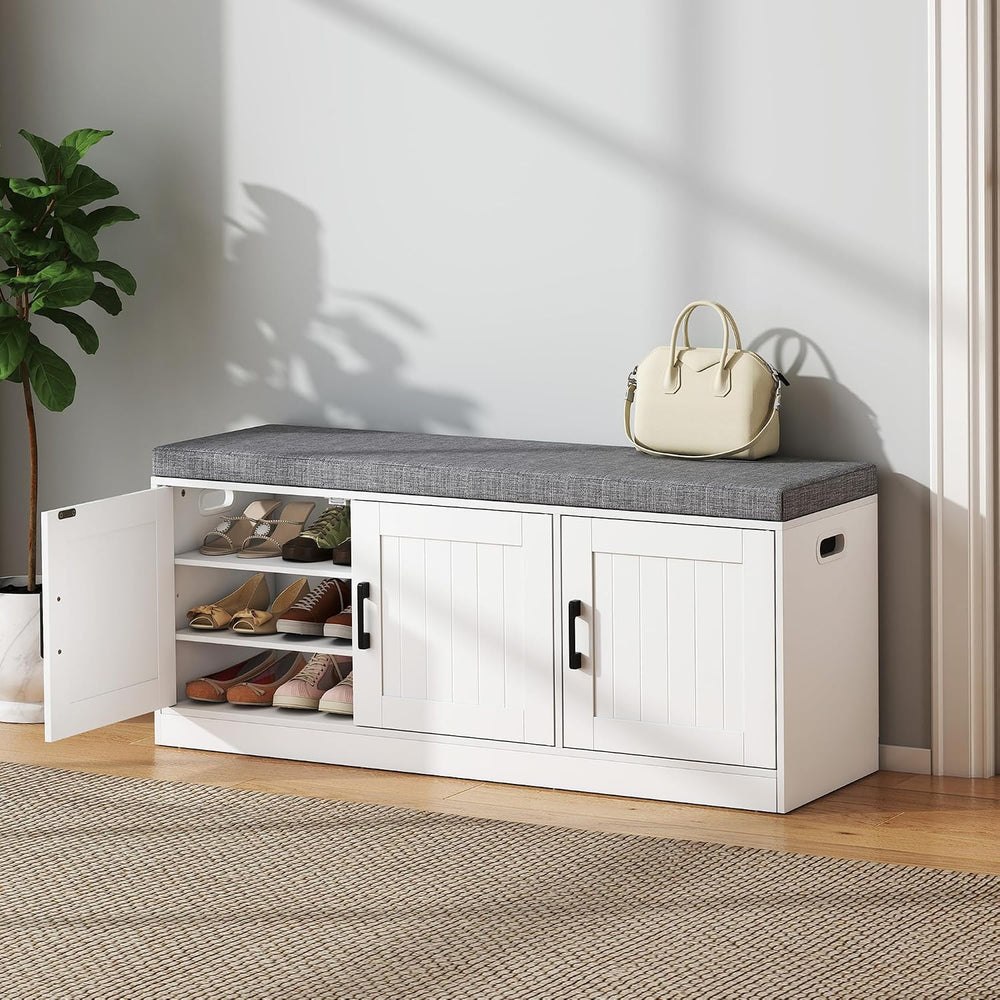 Turosur Shoe Storage Bench with Cabinet, 3-Tier Entryway Bench with Padded Se...