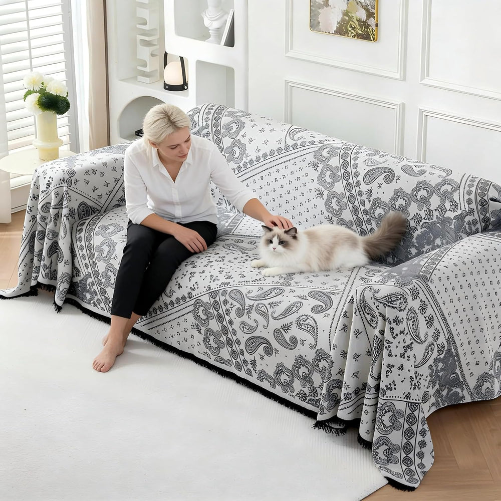71"x118" Boho Couch Cover, Black Reversible 3 Cushion Sofa Blanket