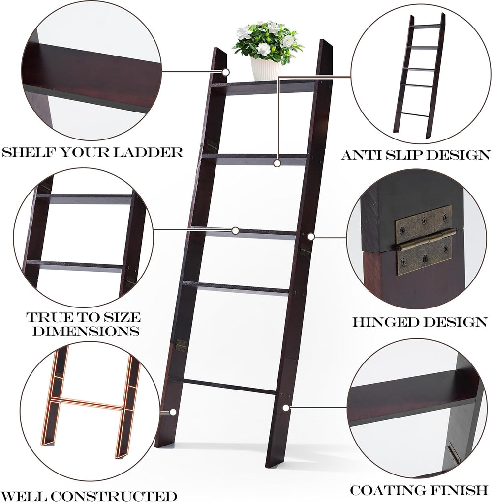 XUNIQUE 5-Tier Blanket Ladder for The Living Room, 4.8 FT Anti-Slip Decorativ...