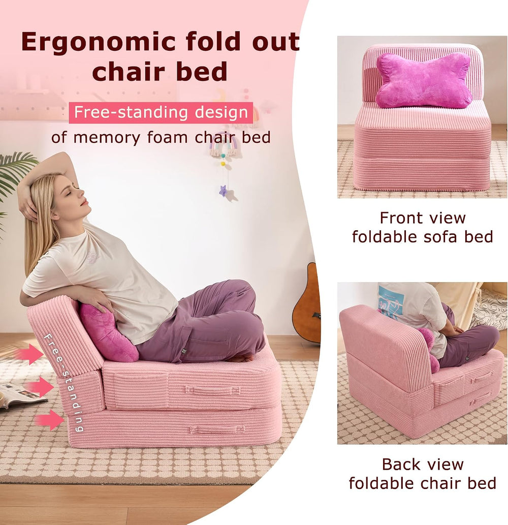 Folding Convertible Sofa Bed, Sleeper Chair for Guest, Single, Pink