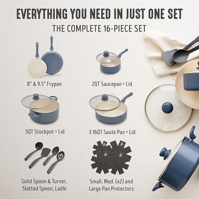 GreenLife 16-Piece Nonstick Cookware Set, Non-Toxic Ceramic Pots and Pans Set