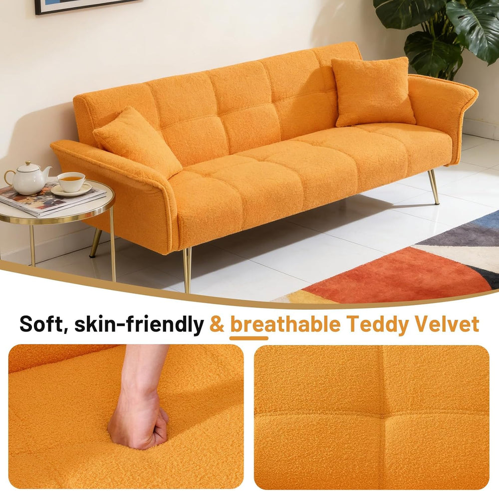 70" Futon Sofa Bed,Teddy Fleece Fabric Couch Bed (Yellow) | 3 Gear Adjus...