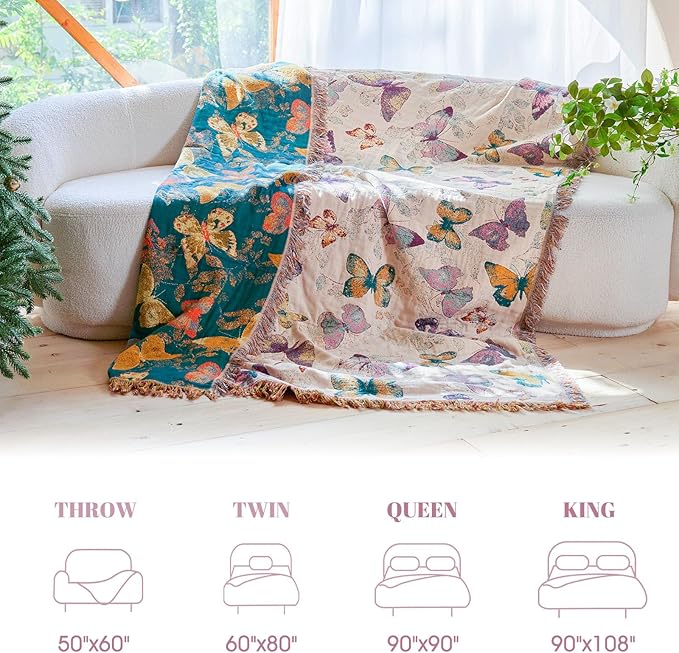 MSGKV Boho Throw Blanket for Bed Cotton Butterfly Twin Size Couch Blanket