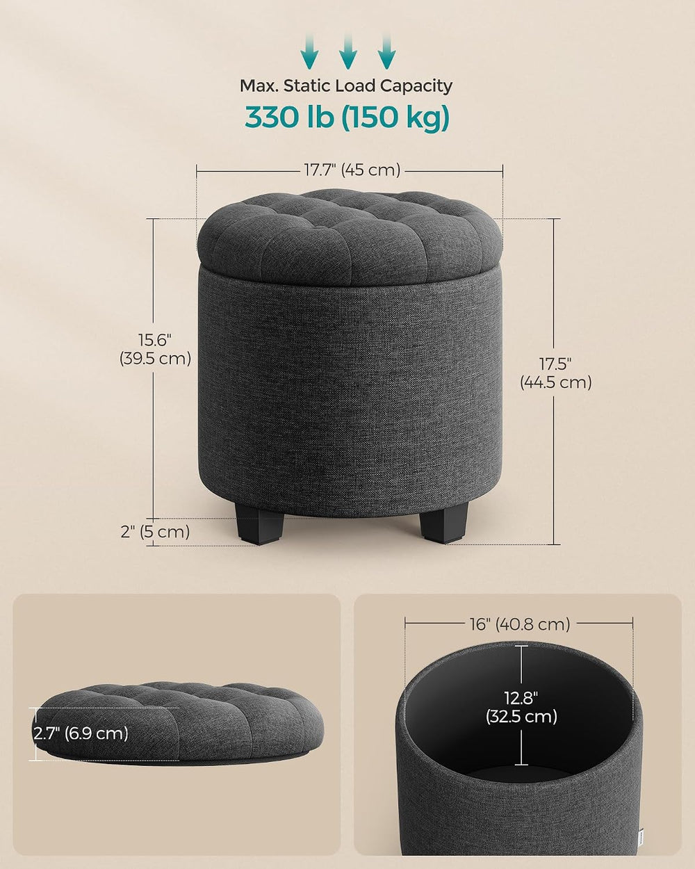SONGMICS Round Ottoman with Storage, Vanity Stool, Linen-Look Fabric
