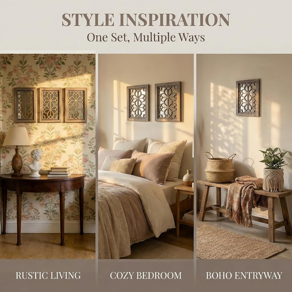 Set of 2 11x15 Inch Rectangular Shatterproof Brown Decorative Wall Mirrors, B...