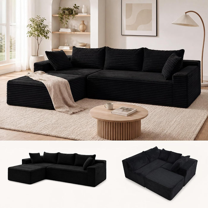 Claiks 94" Boneless Couch, L-Shape Corduroy Sectional Sofa, Black | Flexible Module Combination for Living Room, No Assembly, Deep Seat,Stain Resistant Abrasion, Apartment, Includes 1 Ottoman