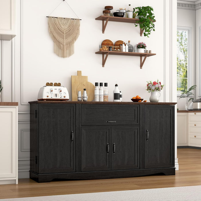 65" Sideboard Buffet Cabinet with Storage, Farmhouse Kitchen Pantries Sideboard Cabinets with Drawer, Wood Coffee Bar Cabinet with Adjustable Shelves, Storage Cabinets for Kitchen, Black