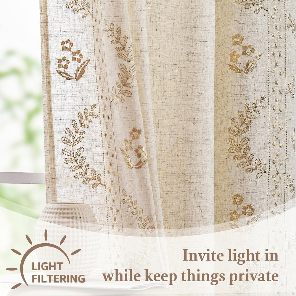 jinchan Beige Floral Linen Kitchen Tier Curtains 50x45 Inch 2 Panels