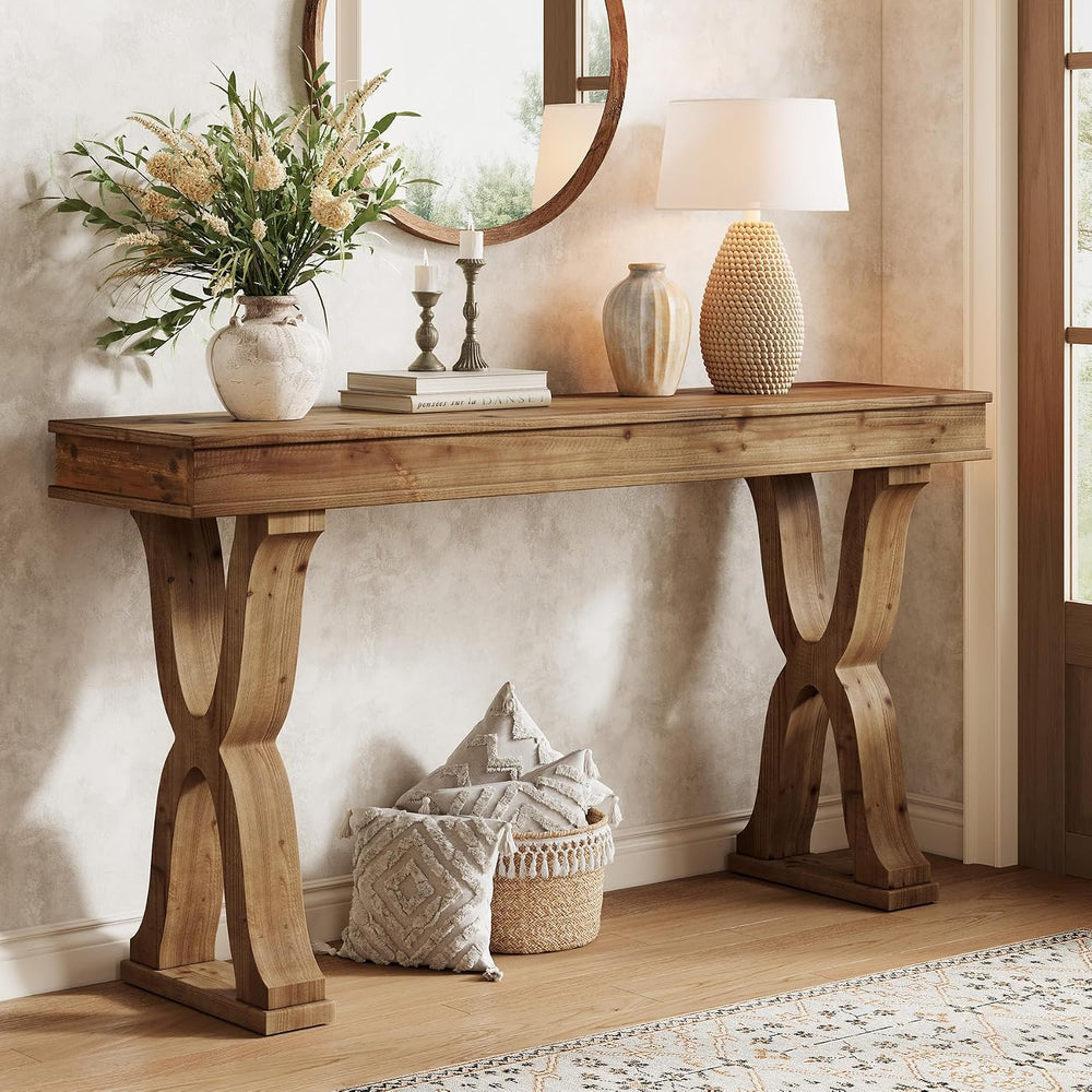 63-Inch Solid Wood Console Table, Farmhouse Entryway Table with X-Shaped Legs...