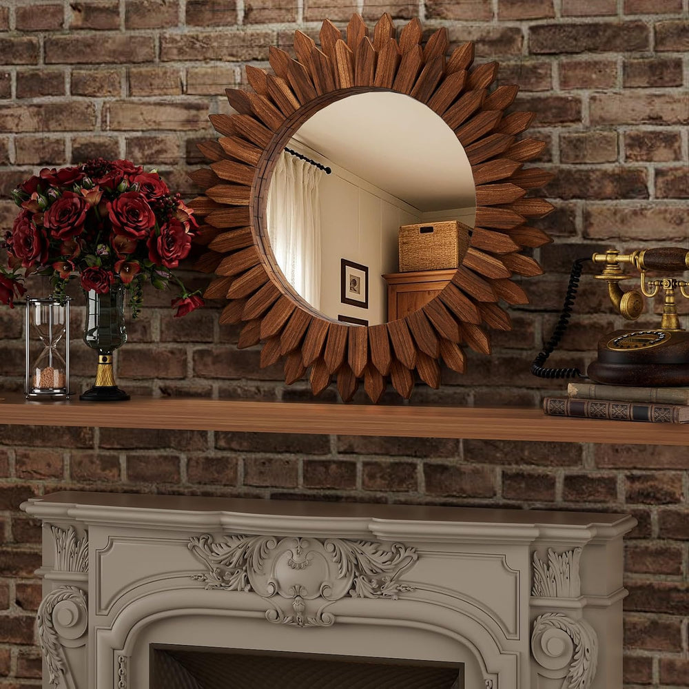 24" Walnut Round Sunburst Wooden Mirror Boho Rustic Wall Decor