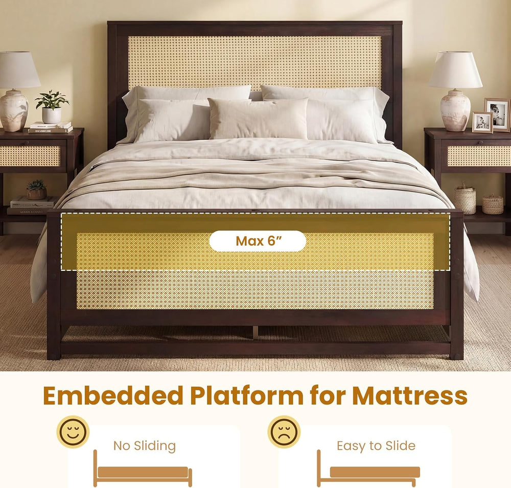 KOMFOTT Full Size Bed Frame with 2 Drawers, Rattan Bed Frame (Espresso)