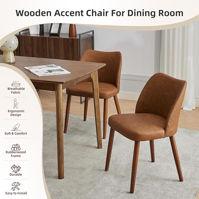 Dining Chair Set of 6, Leather Upholstered Dining Chair with Wood Legs, Wing ...
