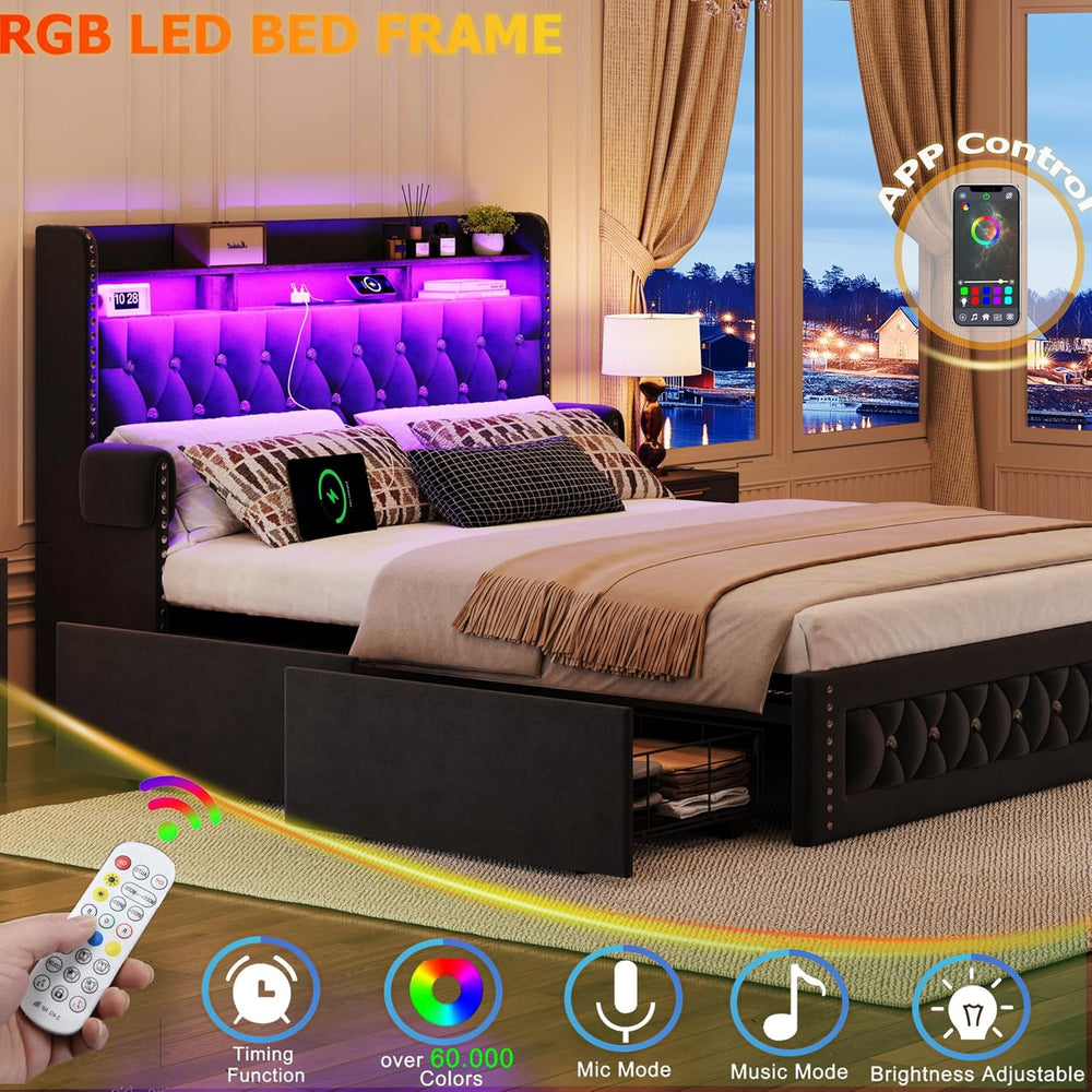 Ailisite Full Size Bed Frame with 4 Storage Drawers,Velvet Upholstered Full P...
