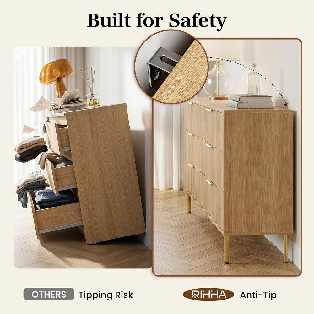 Natural Oak 3-Piece Fluted Dresser and Nightstand Set for Bedroom