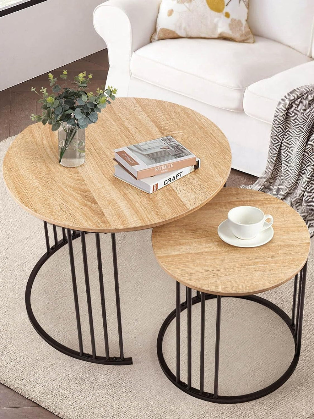 YORKING Nesting Coffee Table Set of 2, Round Table Set, Morden End Side Night...