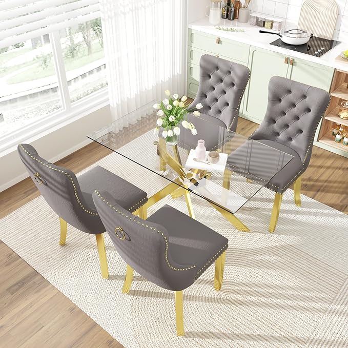 51 Inch Glass Dining Table Set for 4, Rectangular Glass Kitchen Table with 4 ...