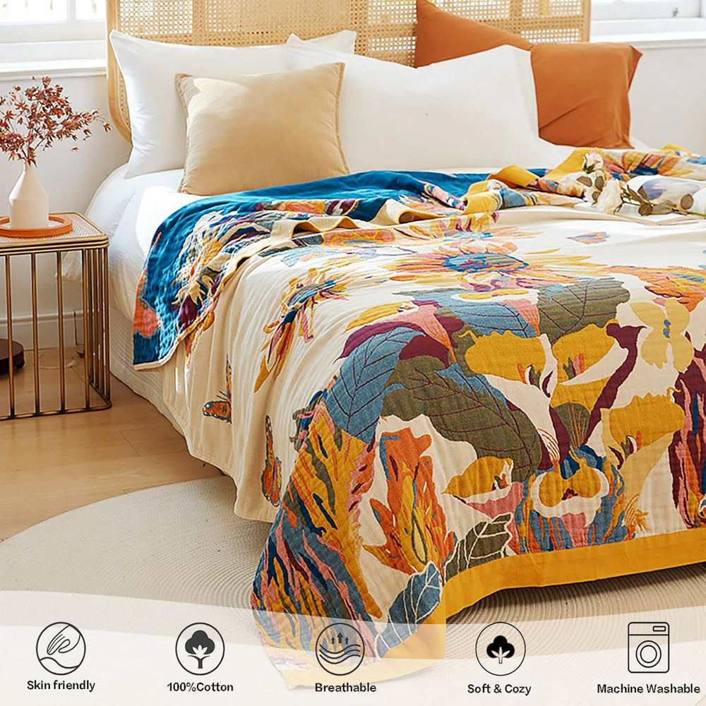 Boho Throw Blanket 100% Organic Cotton 60x80 for Bed Couch, Floral