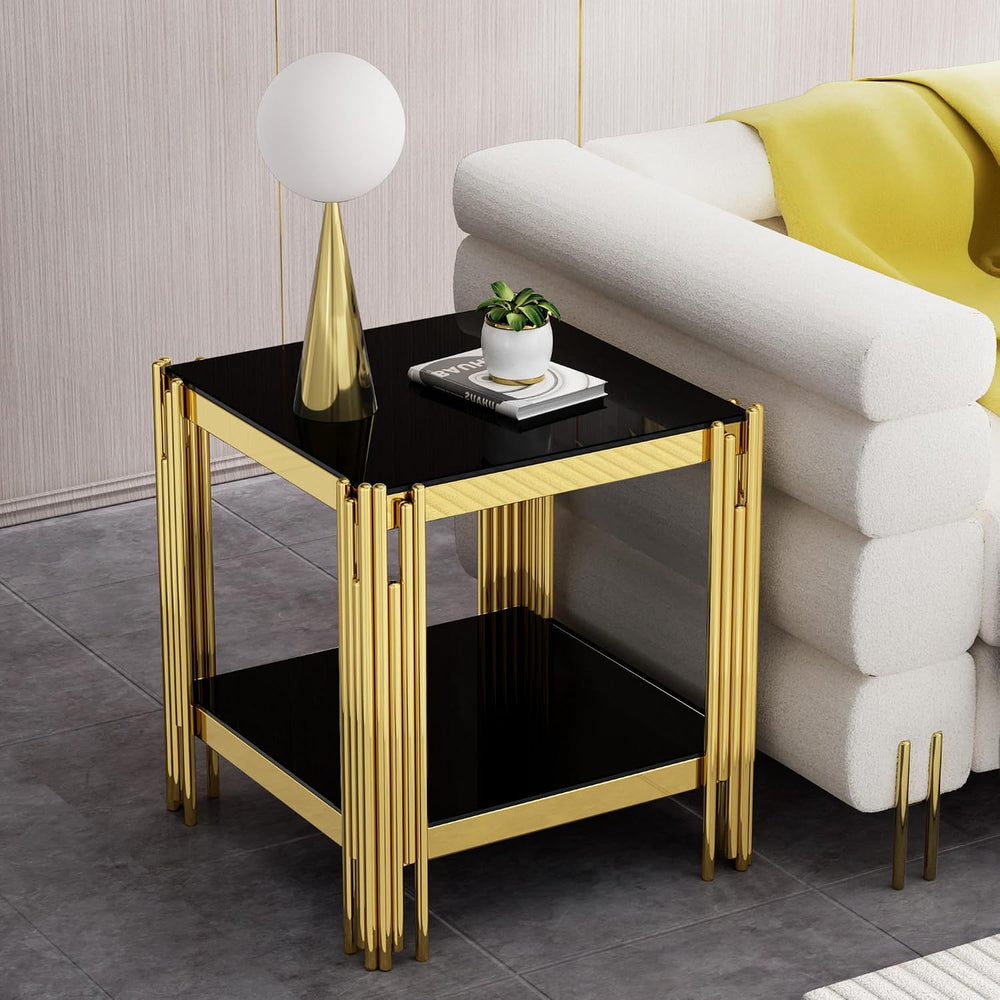 20” Square Glass End Table, 2-Tier Side Table with Black Tempered Glass Top G...