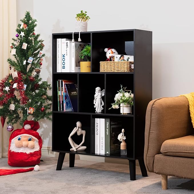 YAHARBO Black Bookshelf,3 Tier Modern Bookcase with Legs,Bookshelves Wood Sto...