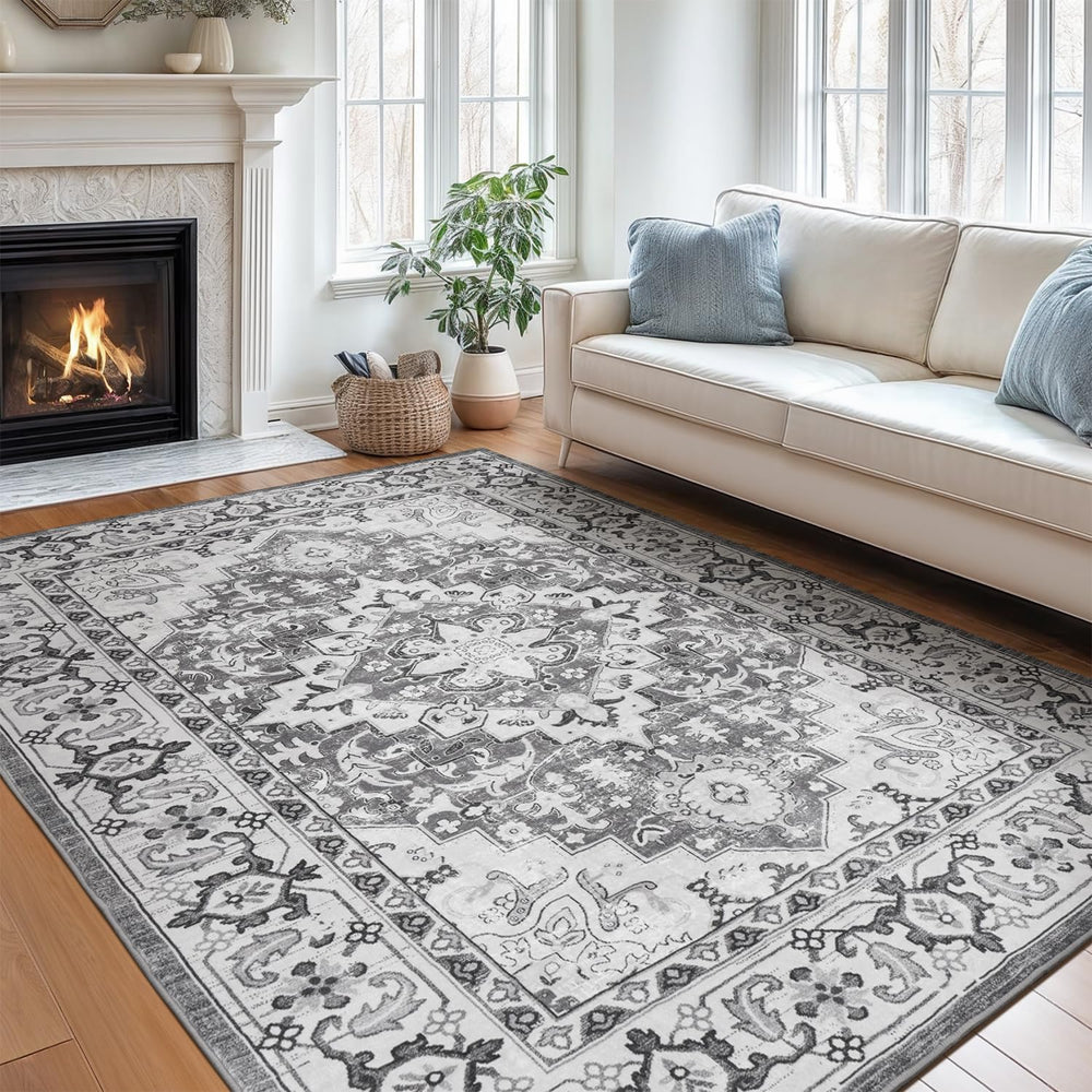 Lofus 5x7 Area Rugs for Living Room Bedroom, Soft Boho Carpet Floral Grey