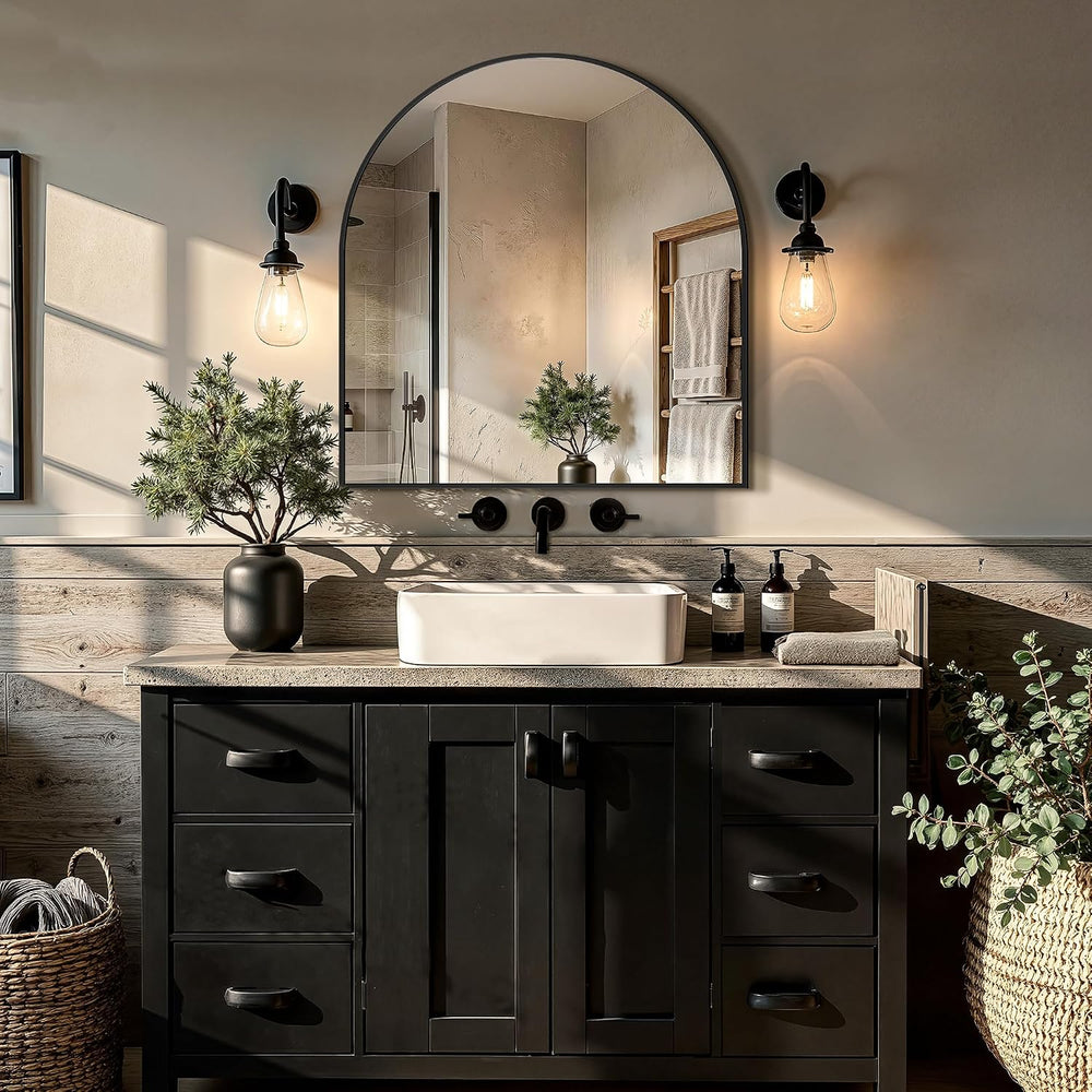 Arched Bathroom Vanity Mirror for over sink, 32”x30”, Black
