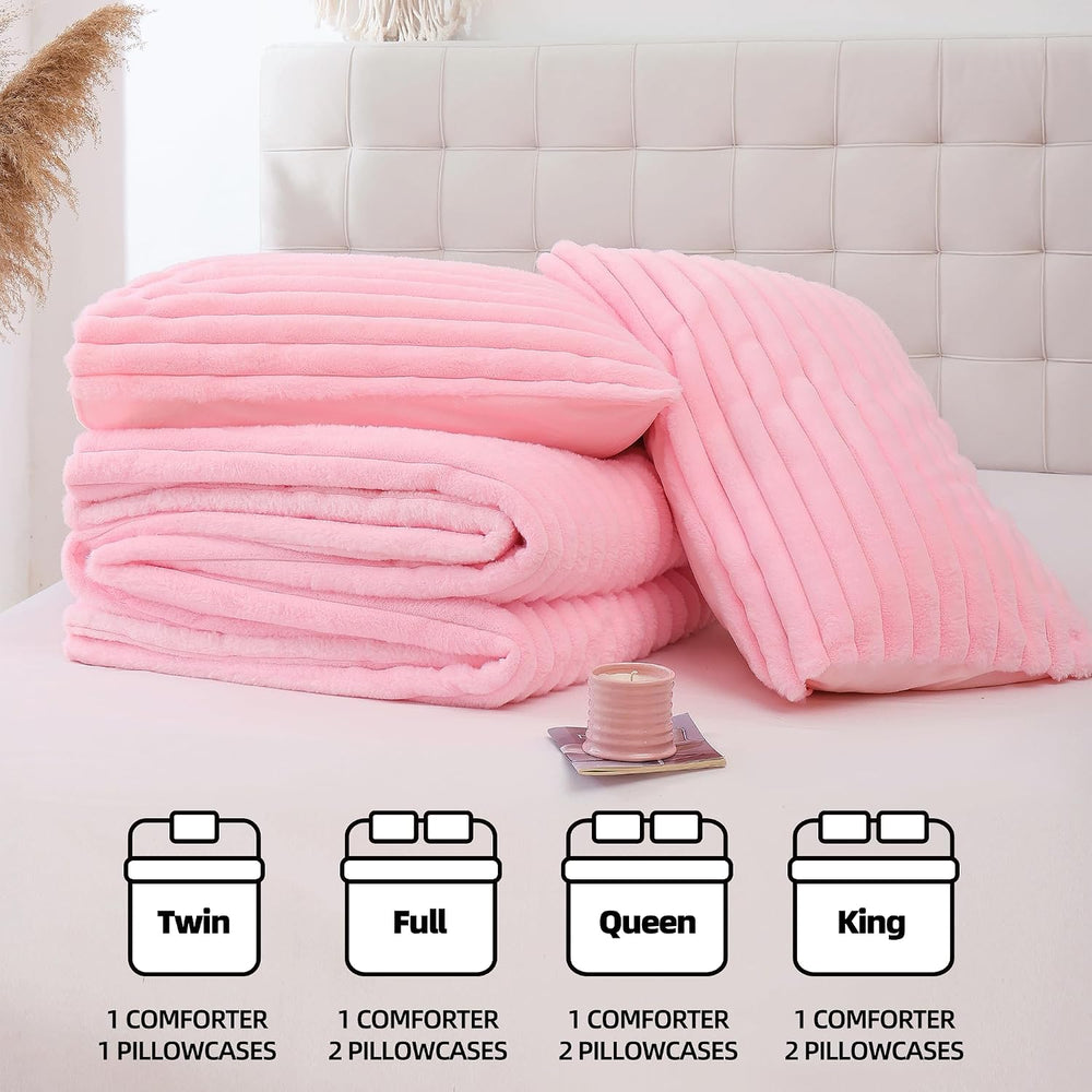 Smoofy Fluffy Queen Size Comforter 3 PCS - Pink Fleece Bedding Set
