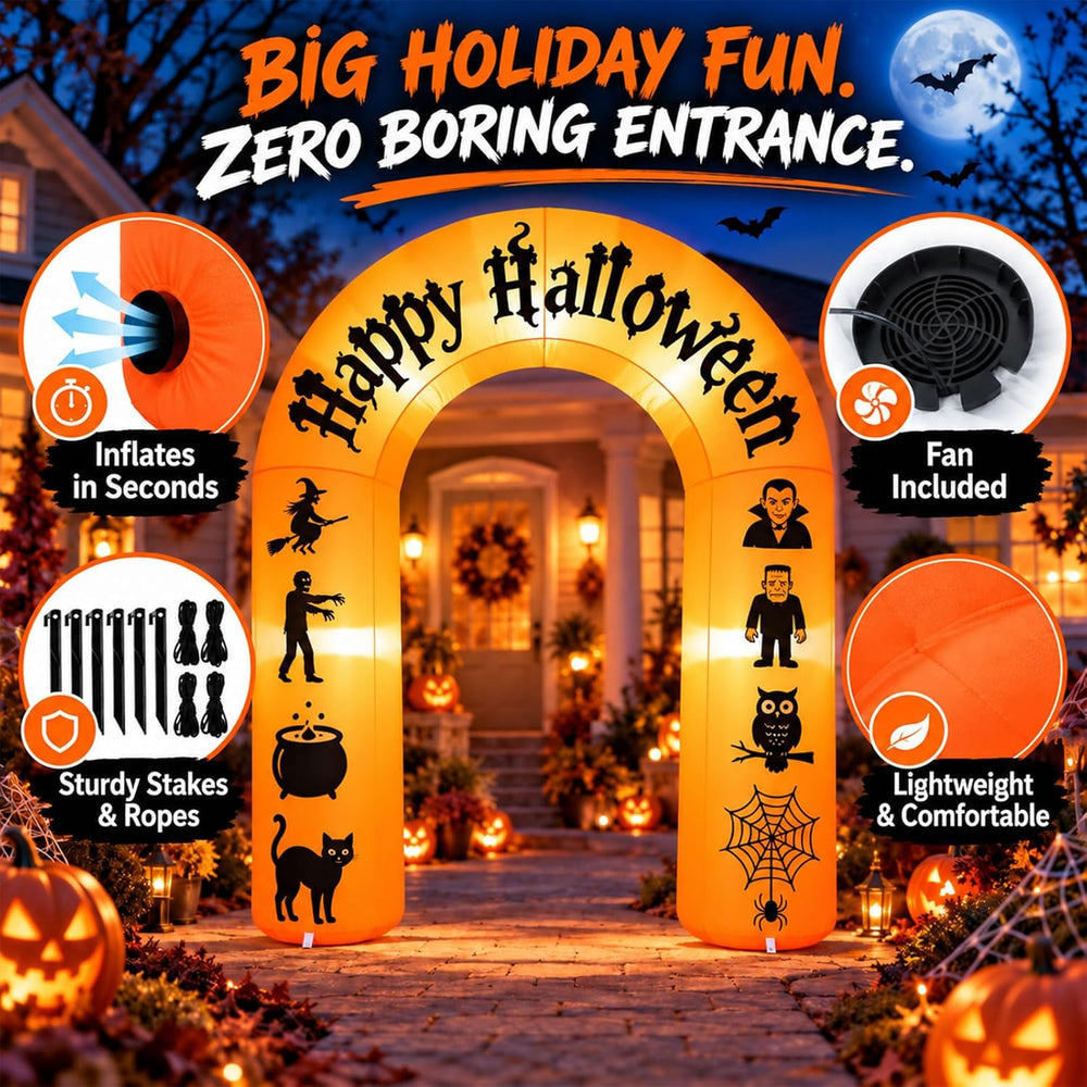 8FT Halloween Inflatable Arch with LED Lights, Orange, Happy Halloween Archwa...