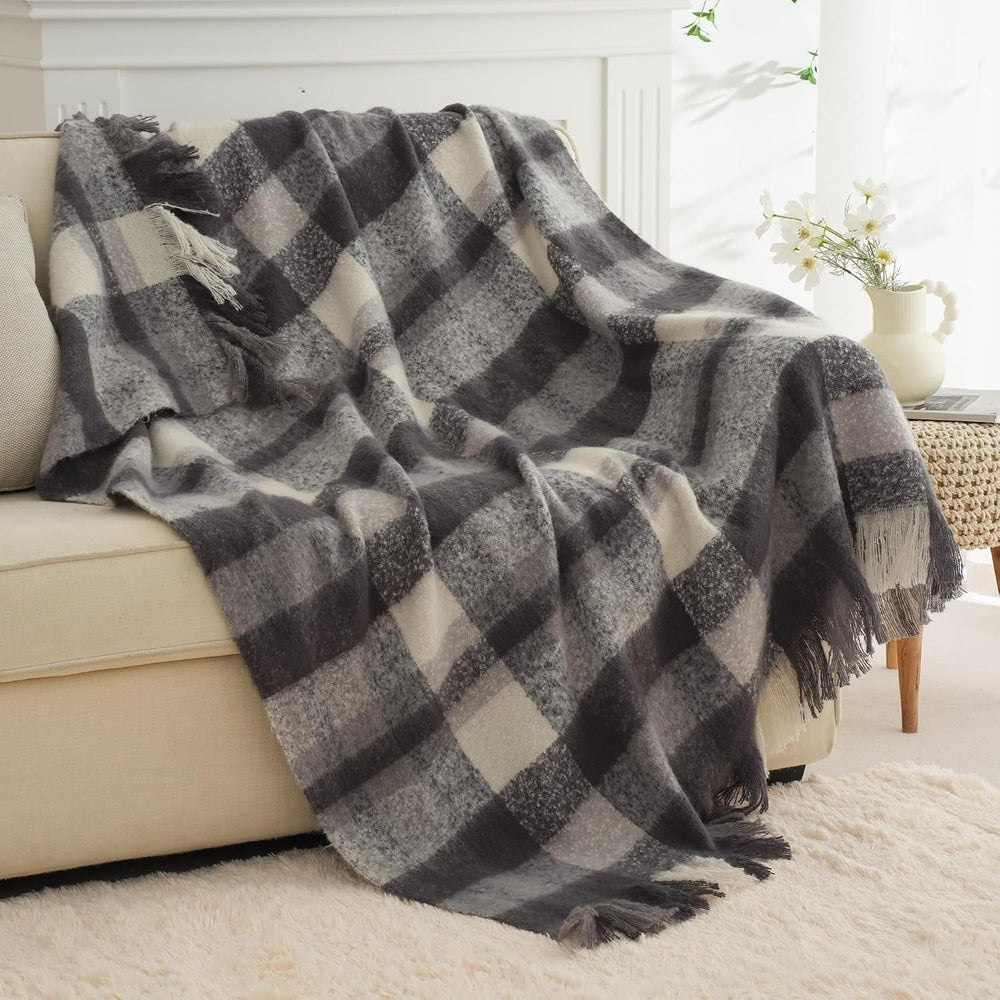 Black Grey Plaid Throw Blanket for Couch, Soft Mohair Tartan Blanket 50x60