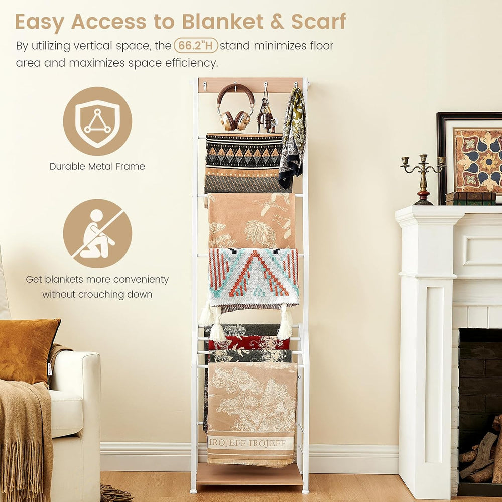 Pinzoveco Blanket Ladder, 7 Tier Wooden Ladder Shelf with Hooks 5.5ft White |...