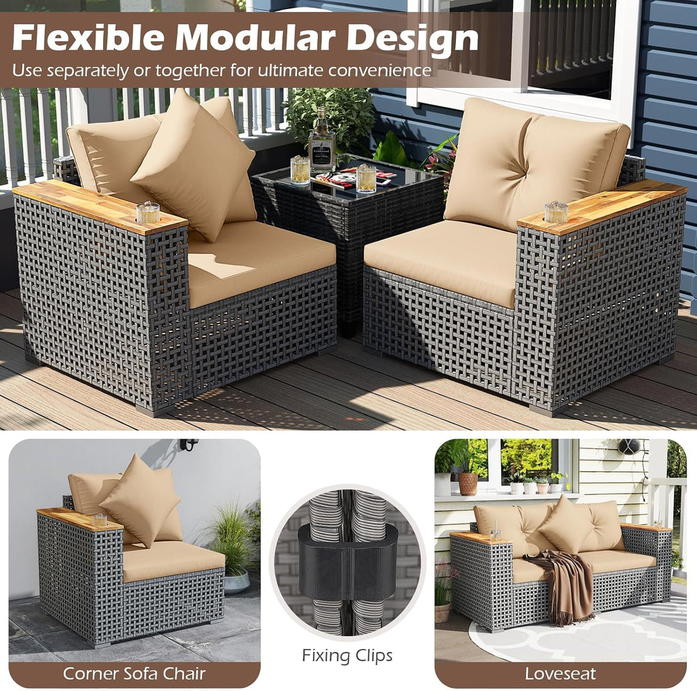 Tangkula 62.5" Patio Wicker Loveseat with Acacia Wood Armrest & Cup ...