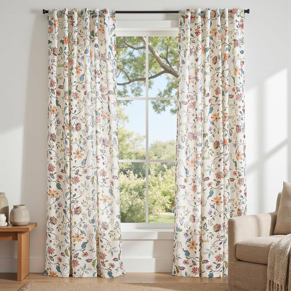 jinchan Beige Floral Linen Curtains 84 Inch Farmhouse Back Tab 2 Panels