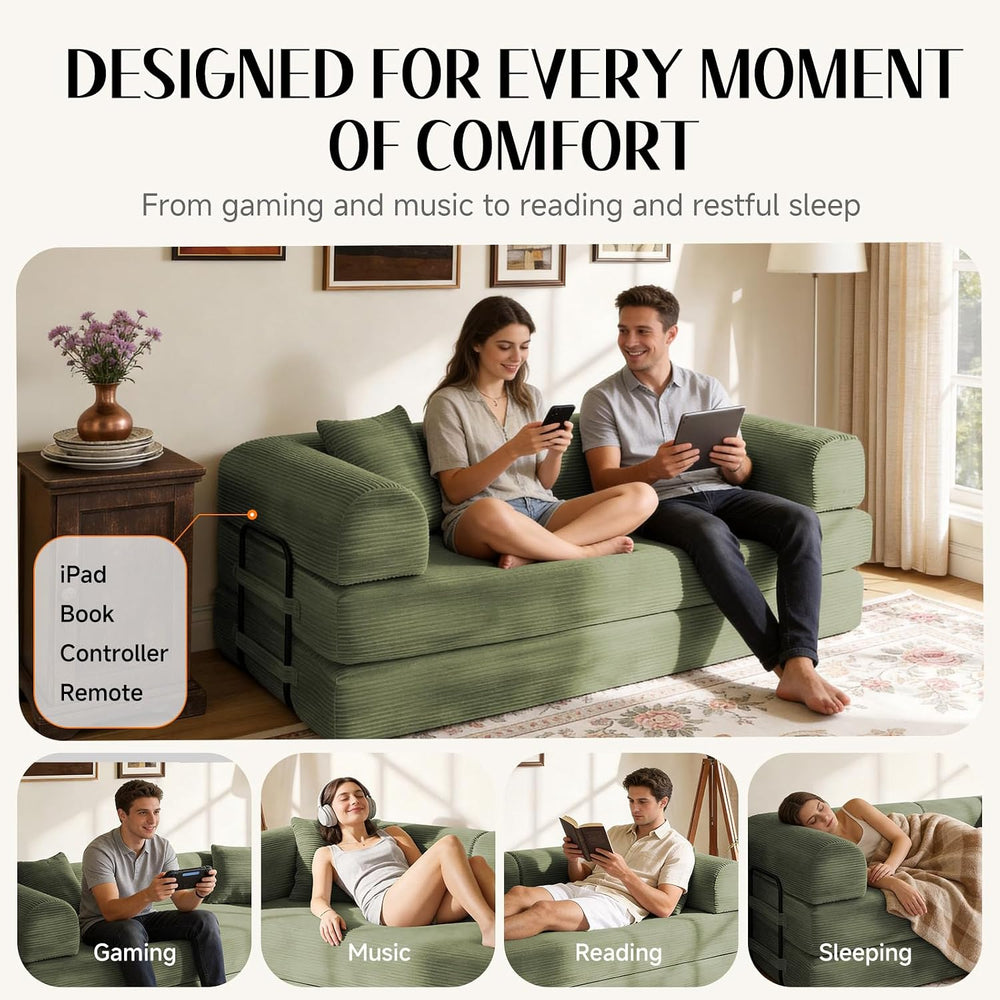 79" Corduroy Sofa Bed, Boneless Couch in a Box with 2 Pillows, High-Dens...