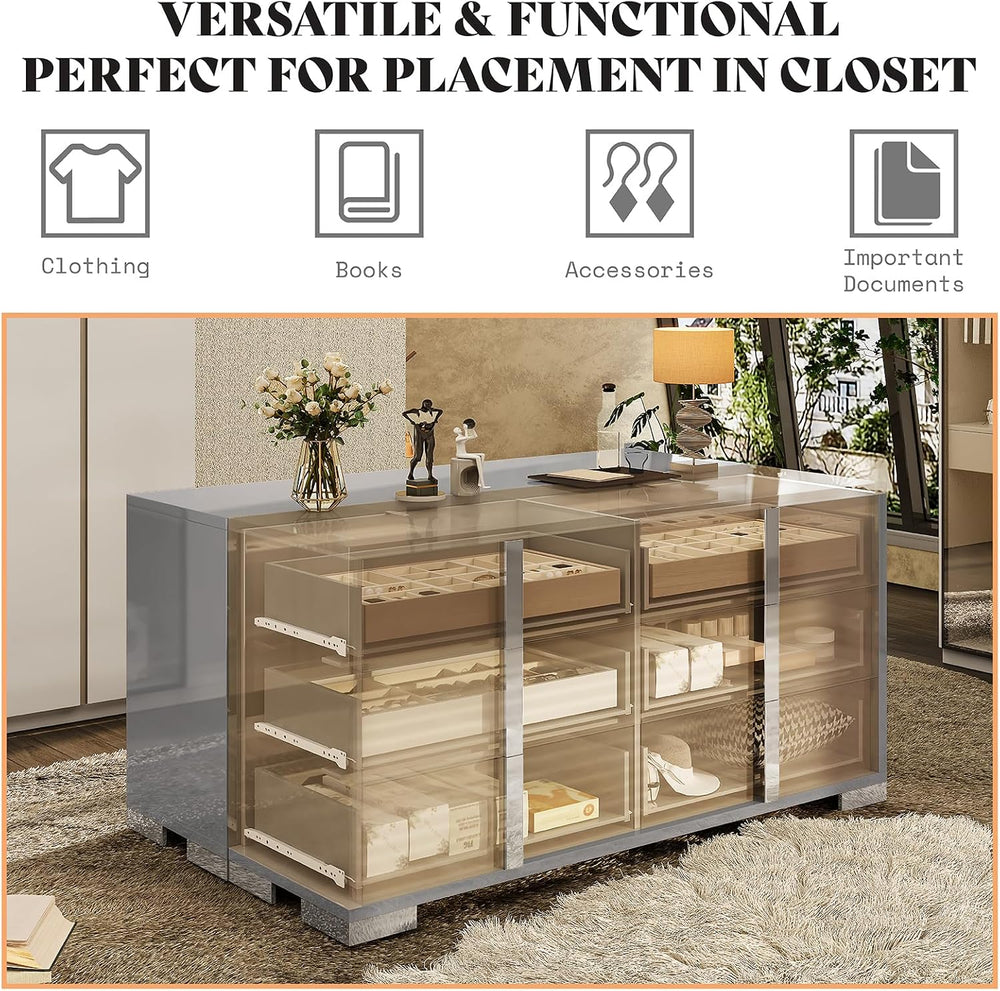 AMERLIFE 6 Drawer Dresser, Modern Storage Chest, High Gloss Finish, Grey
