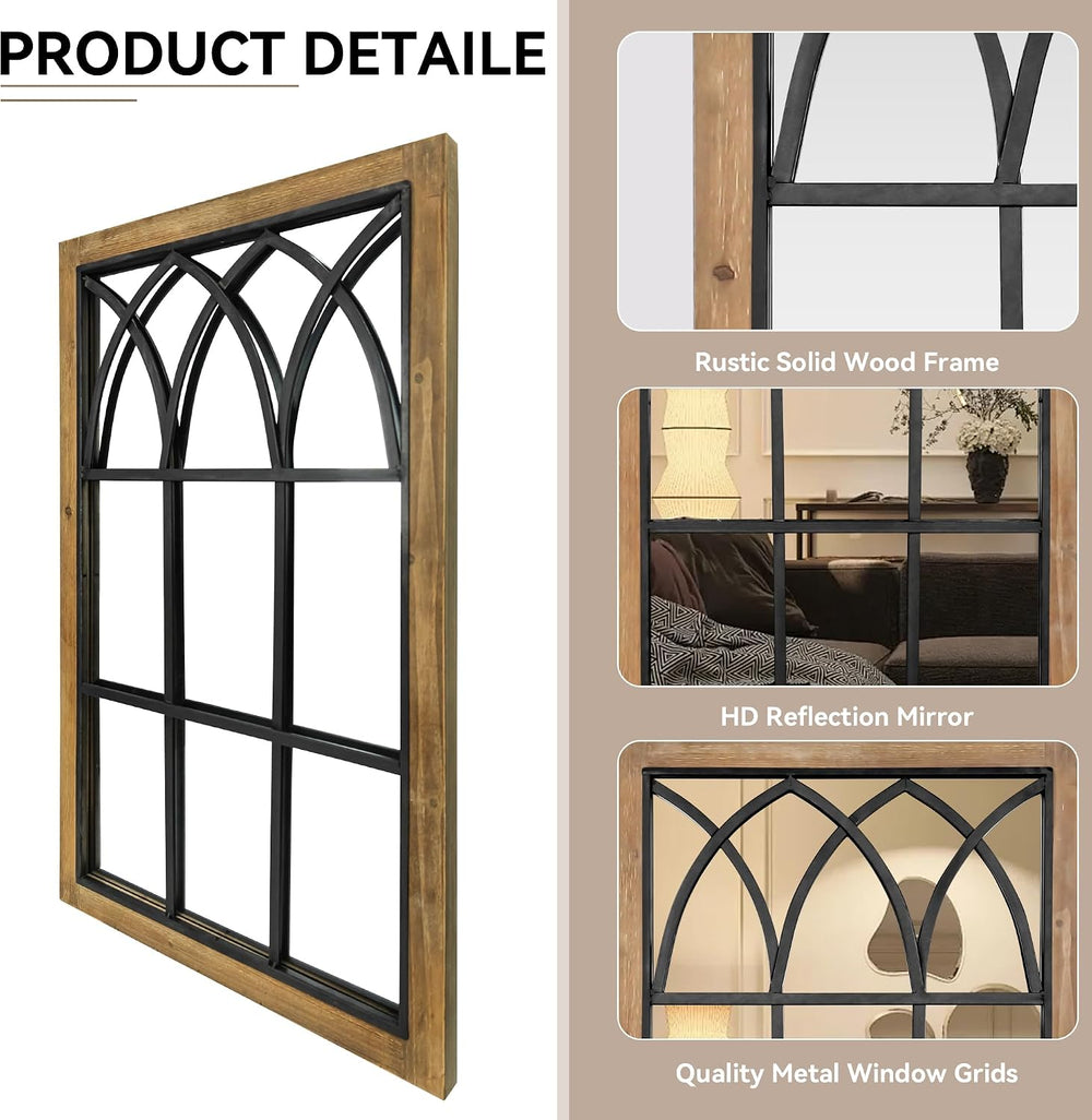 Rustic Window Mirror for Wall Decor, Wooden Frame Decorative Wall Mirror