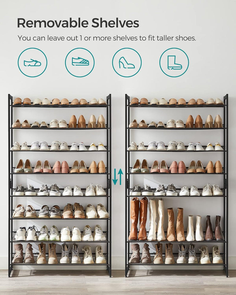 SONGMICS Shoe Rack, 8-Tier Shoe Organizer, Metal Rack for Garage, Set of 2, 4...