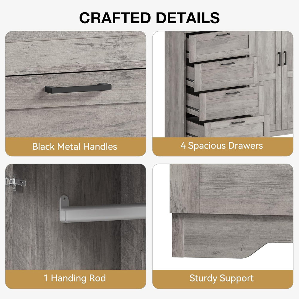 IDEALHOUSE 43.3'' H Armoire Wardrobe Closet with 4 Drawers, Wooden Dr...
