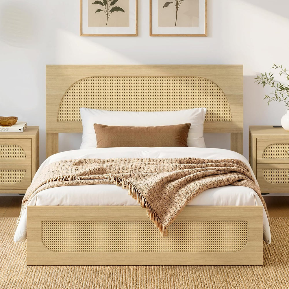 KISLOT Boho Rattan Bed Frame, Farmhouse Platform, Natural, Queen