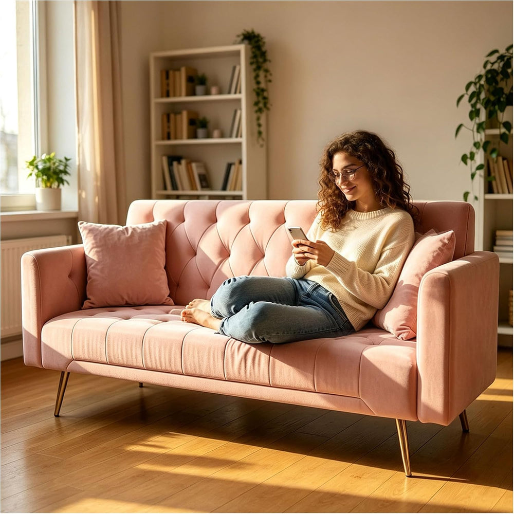71" Pink Velvet Sofa Bed, Convertible Futon Couch, Adjustable Back