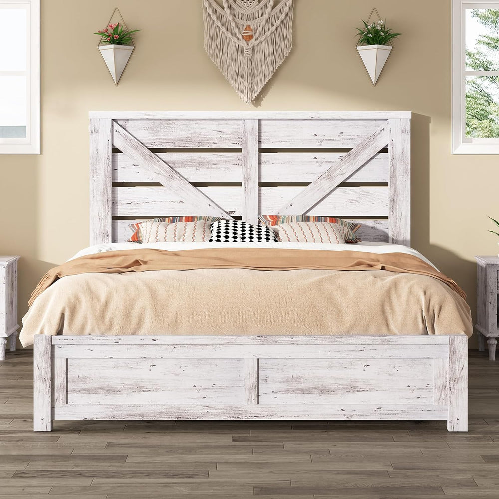 AMERLIFE Farmhouse Queen Size Bed Frame with 49.2" Barn Door Headboard