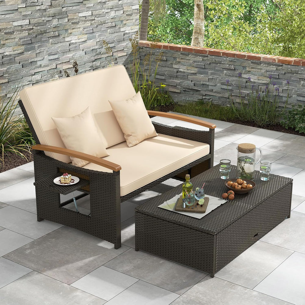 COSTWAY Patio Rattan Daybed, Outdoor Loveseat Sofa with Storage Ottoman