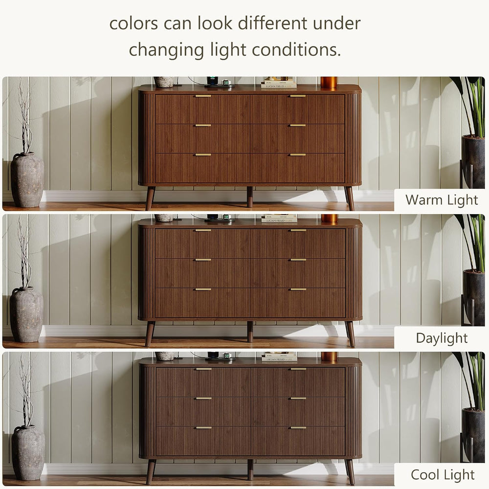 Alohappy Fluted Dresser with Charging Station, 57" W 6-Drawer, Walnut