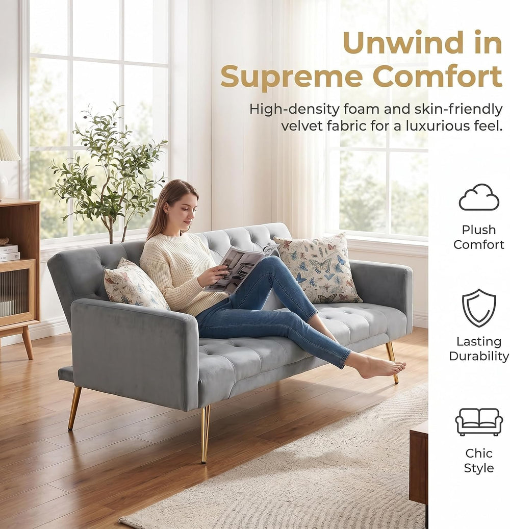Futon Sofa Bed with Adjustable Backrest, Convertible Futon Couch with 2 Pillo...