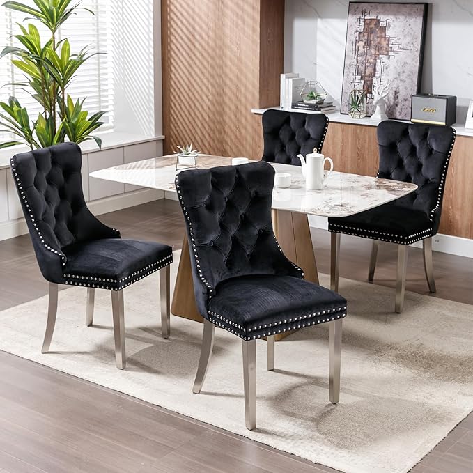 Luxury Upholstered Dining Chairs Set of 6, Black Kitchen Chair with Silver Me...