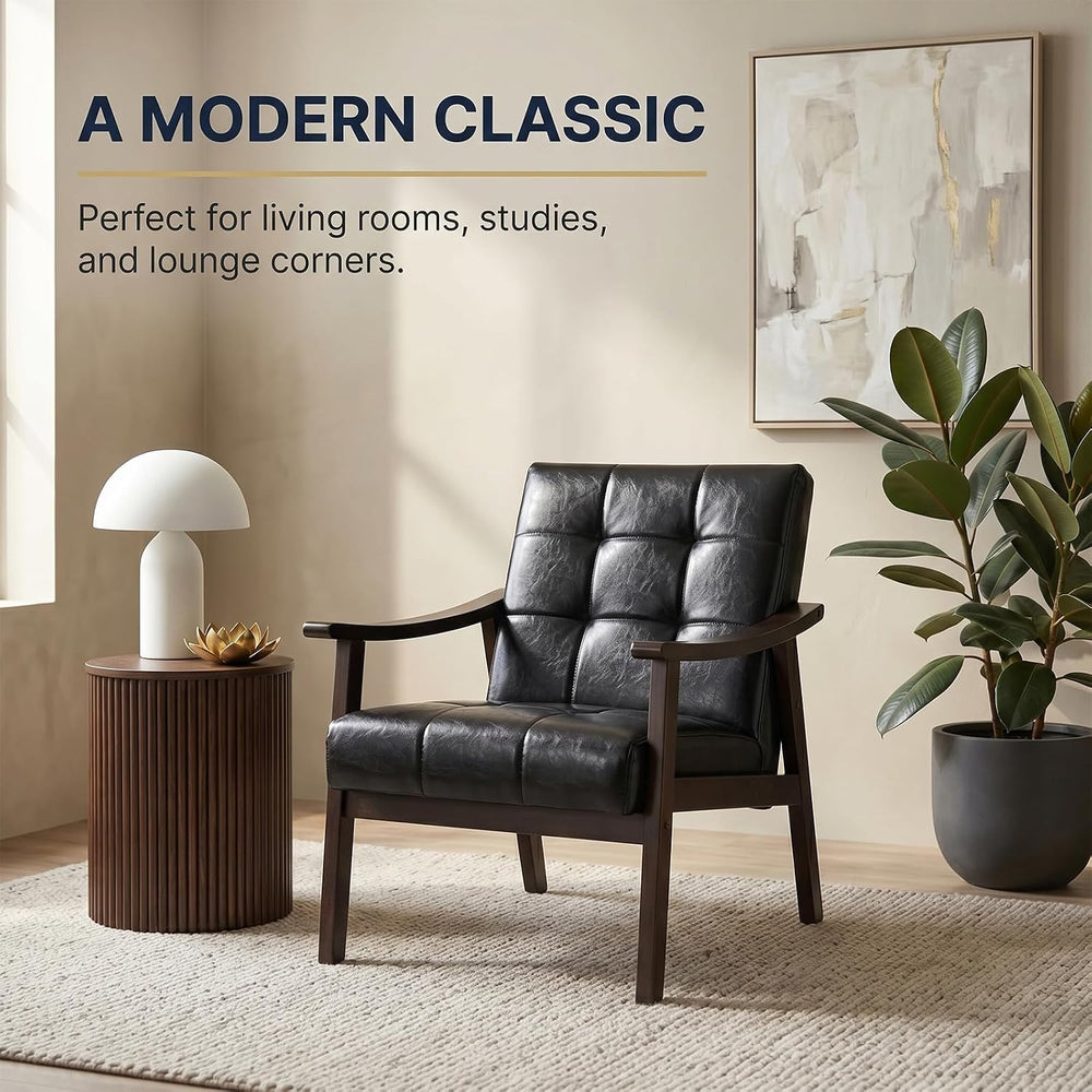 Mid Century Modern Faux Leather Accent Chair, Lounge Chair Indoor Comfy Uphol...